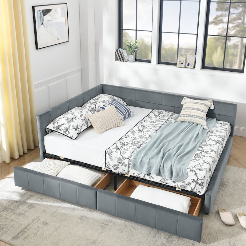 Queen Size Bed Upholstered Tufted Bed Frame Storage Sofa Bed Frame with L-shape Guardrail Velvet Platform Bed for Living Room - Grey - Queen