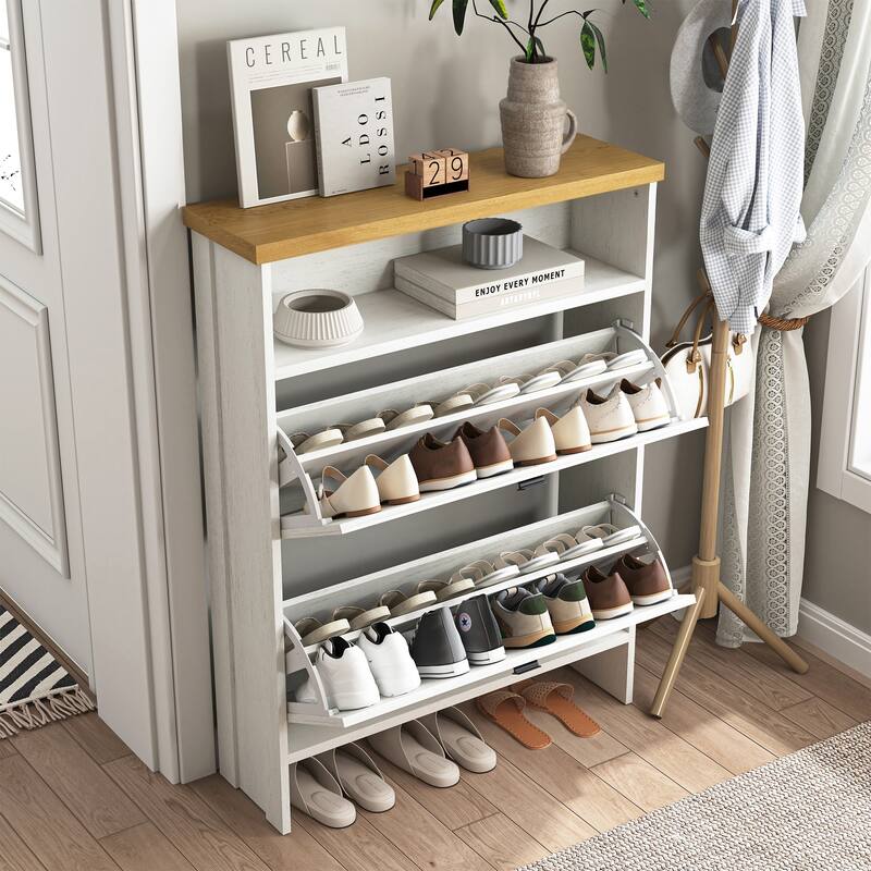 Multi-Functional Modern Minimalist Natural The Upper And Lower Folding Four-Layer Mdf Shoe Cabinet, 31.5*9.5*42.3 Inches