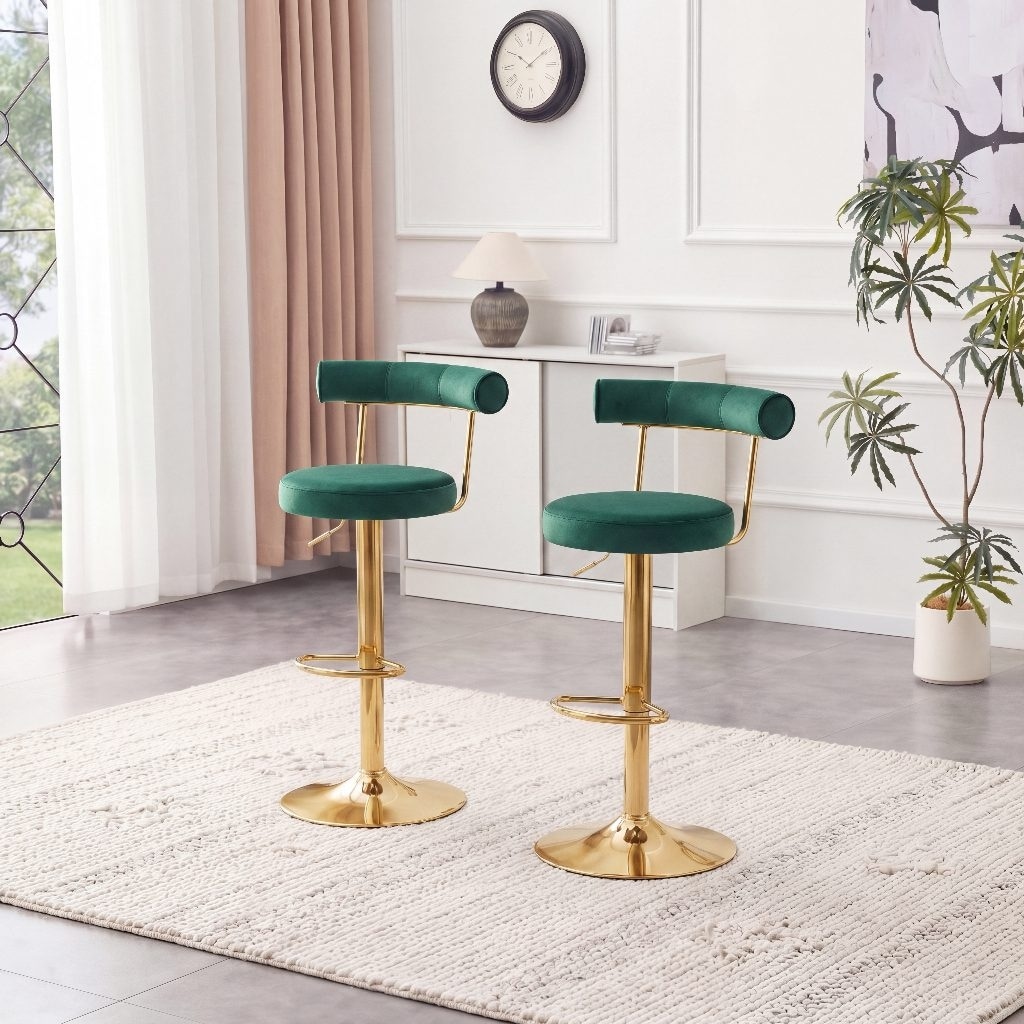 Soft Velvet Upholstered Swivel Adjustable Bar Chair with electroplated gold legs- Dining Room Bar Stool(Set of 2)