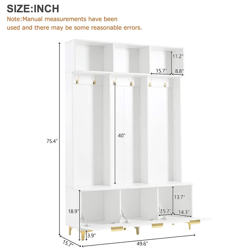 3-in-1 Hall Tree with Storage Bench & Shoe Storage, Glossy Fluted Cabinet Coat Rack with Gold Handles and Legs