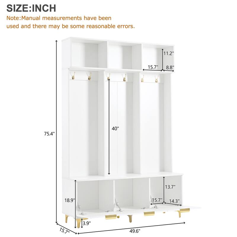 Storage Hall Tree with Bench, Multi-functional Storage Bench with High Gloss Fluted Doors, Coat Rack with 6 Hooks and Legs