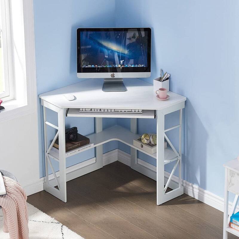 Triangle Wooden Corner Computer Desk with Storage Shelves and Keyboard Tray