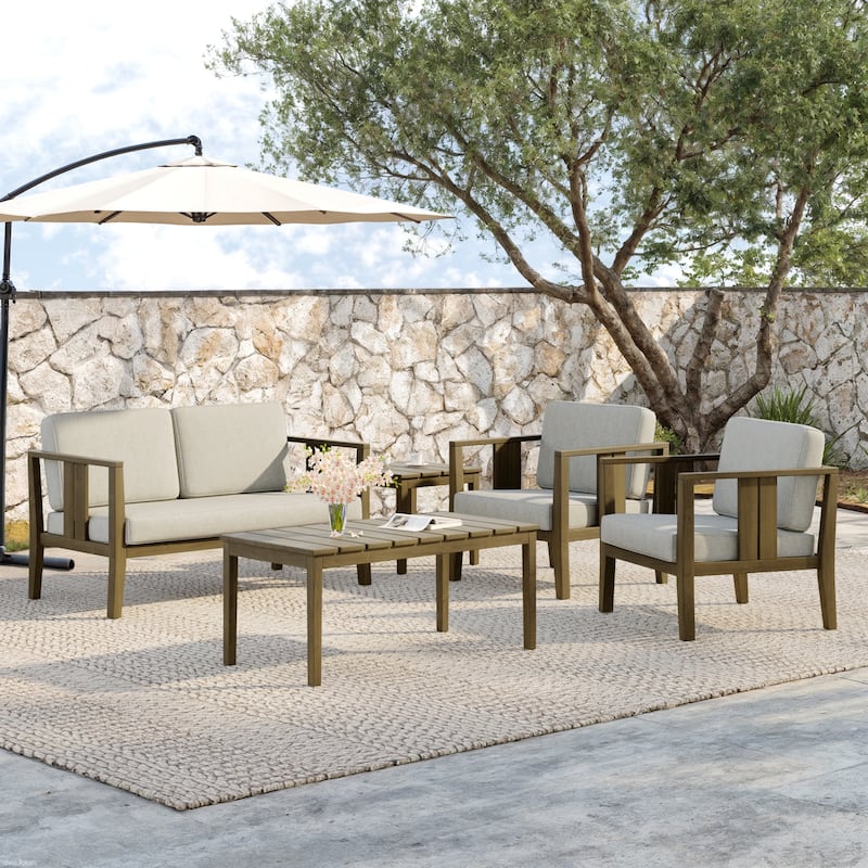 5-Piece Teak Wood Outdoor Conversation Set - Brown frame - Light Camel/Brown