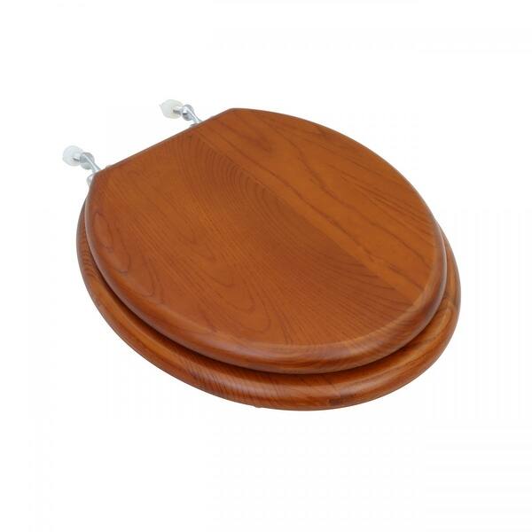 Light Mahogany Wooden Round Toilet Seat with Chrome Hinges and Non Slip