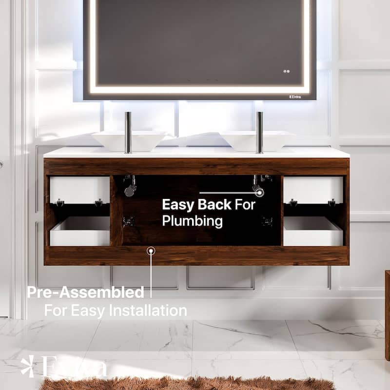 Luxurious 60"W Rosewood DS Bath Vanity with Quartz Top & Vessel Sinks