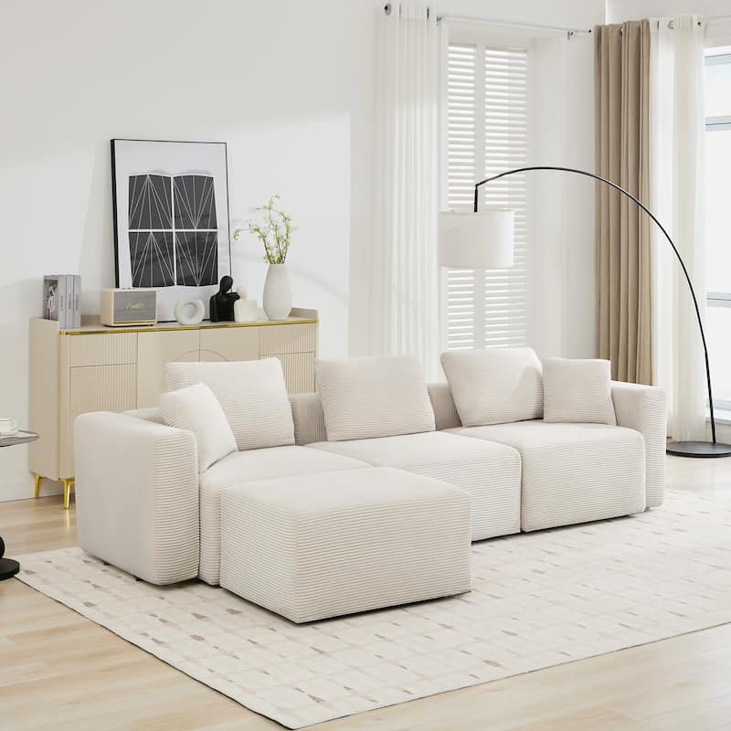 Corduroy Sectional Modular Sofa with Square Arms & Ottoman Extension for Flexible Arrangements