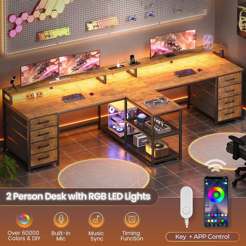 94.5" Two Person Desk with 8 Fabric Drawers Gaming Desk LED Lights