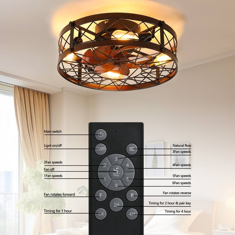 Modern Semi Recessed Ceiling Fan Light with Light and Timer Function, 6 Wind Speeds for Bedroom and Living Room
