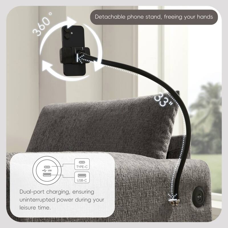 38" Chenille Single Sofa with Storage Ottoman, USB Charger, Side Storage Pockets, Pillow-like Armrests