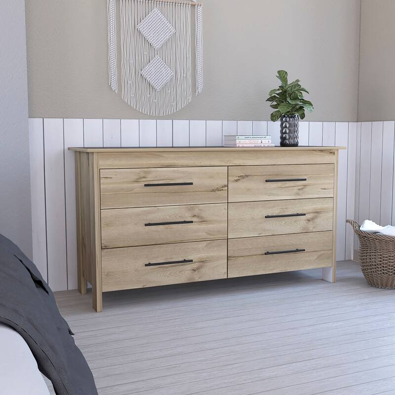 Southington 6-Drawer Rectangle Dresser Light Oak and White - Beige