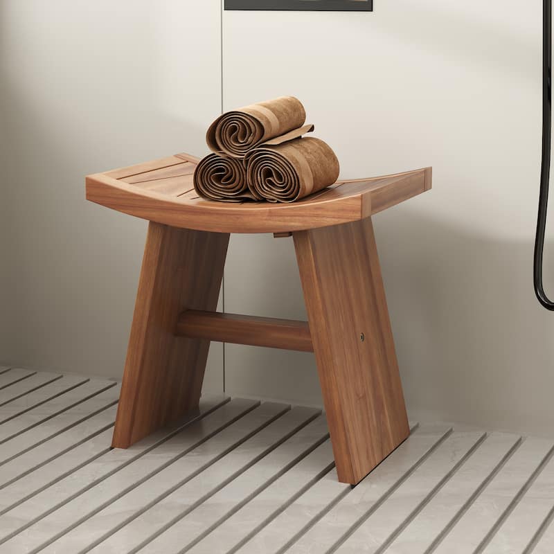 Gymax 18 Inch Teak Wood Shower Bench Wooden Shower Stool w/ Curved