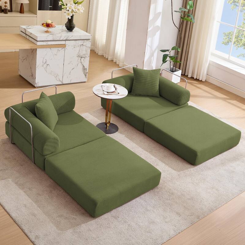 Folding Mattress Lounge Sofa with Corduroy Cushions, Convertible Sofa Bed Sleeper Sofa with Removable Armrests