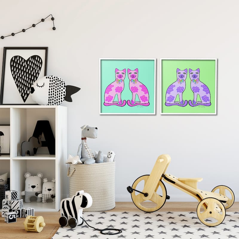 Stupell Bright Purple Cat Pairs Framed Giclee Art Design By Katie Conley (Set of 2)