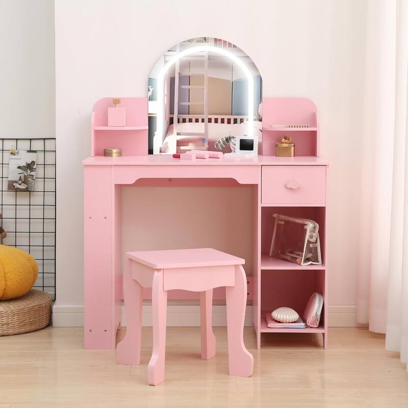 Kids Vanity Set with Lighted Mirror and Stool, 2-in-1 Makeup Tabl, for Girls Ages 3–9