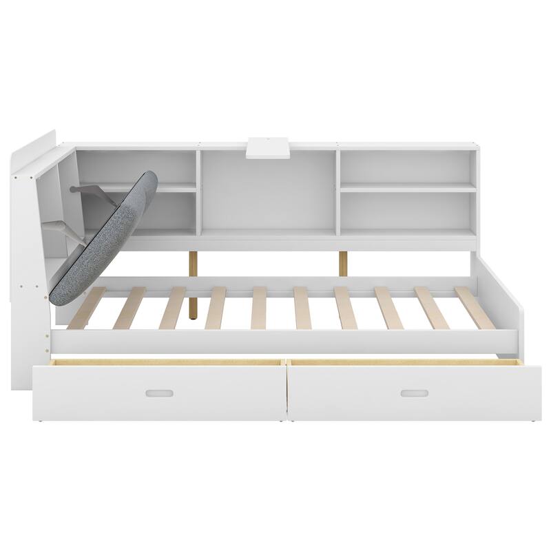 Wood Twin Size platform bed with Storage Headboard, Shelves and 2 Drawers