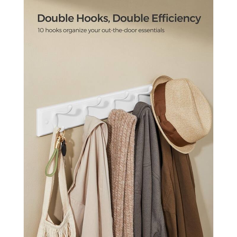 10-Hook Coat Rack Wall Mount Cloud White MDF Panel with Metal Hooks for Jackets and Scarves - 19.8"L x 2.8"W x 3"H