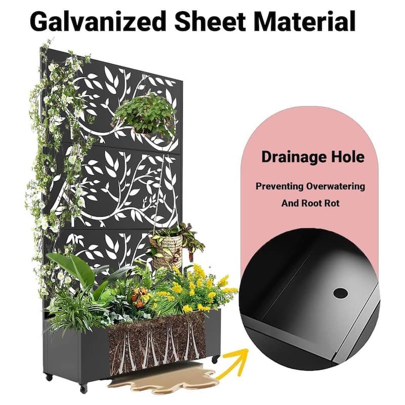 Outdoor Garden Fence, Privacy Screen Planter Box for Vining Plants & Veggies, Leaf Style With Wheels