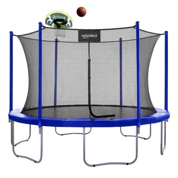 slide 2 of 7, Machrus 12 ft Round Trampoline w/Safety Enclosure & Basketball Hoop with Ball & Pump - Outdoor Trampoline for Kids - Adults