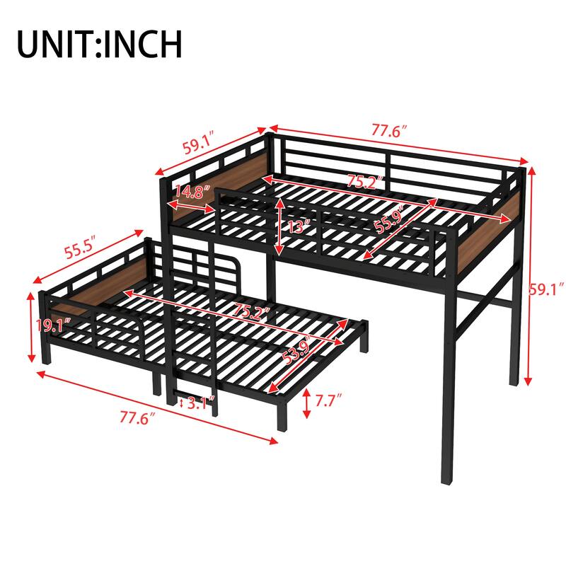 Full over Full Metal Bunk Bed with Security Fence, Walnut, Separable, Space-Saving Design