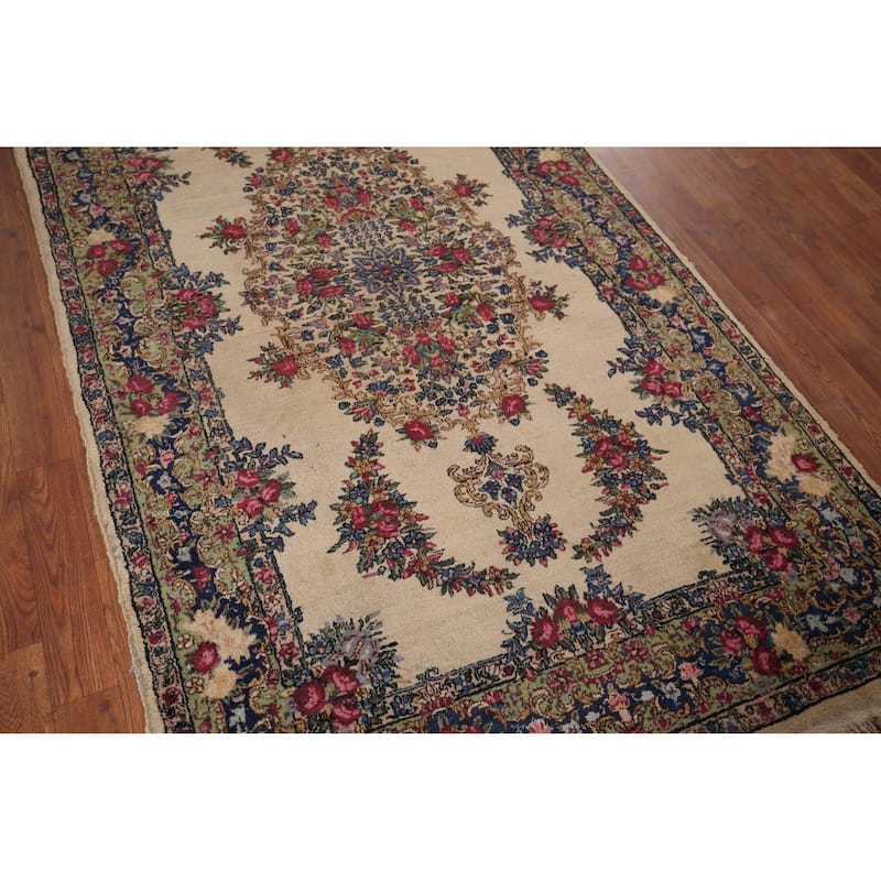 Vegetable Dye Kerman Vintage Persian Area Rug Hand-Knotted Wool Carpet - 4'0" x 7'1"