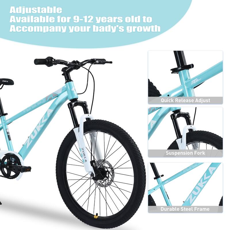 Mountain Cycling Bike 24 Inch Road Commuting Kids Bicycle with Dual Disc Brakes and Shock-Absorbing Fork for Boys and Girls
