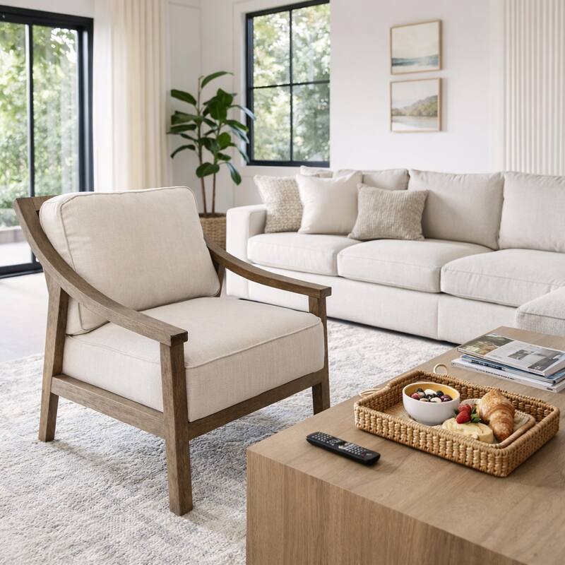 Accent Chair - Polyester with Wood Frame - Ivory, 33" - 33.0"
