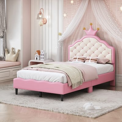 Twin/Full Size Lovely PU Leather Princess Bed with Tufted Headboard, Fantasy Kids Platform Bed Frame with Crown Decor