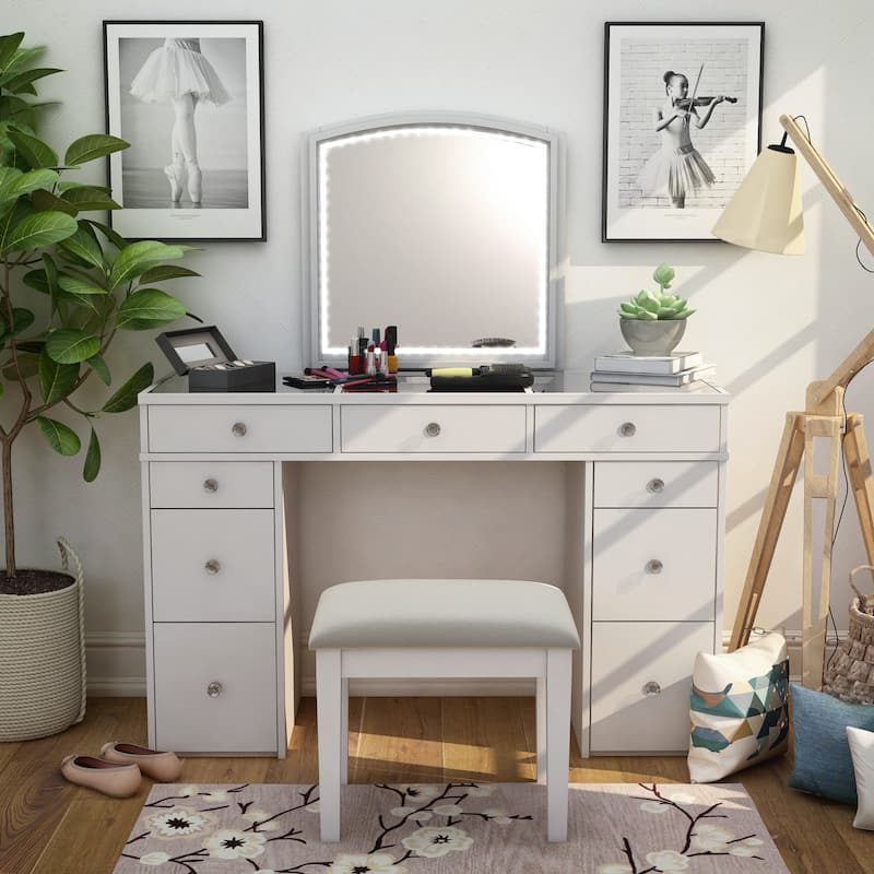 Furniture of America Cork Transitional White Wood 9-Drawer 3-Piece Makeup Vanity Set - White