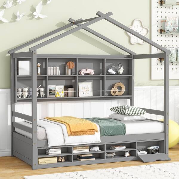 slide 2 of 12, Elegant Twin House Bed Kids Bed with Roof Frame,Bedside Storage Shelves,Ladder and Guardrail Grey