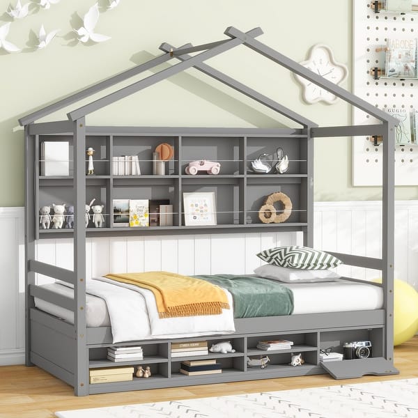 slide 2 of 35, Wooden House-shaped Twin House Bed with Bedside Built-in Storage Shelves,Under Bed Storage for Home Grey