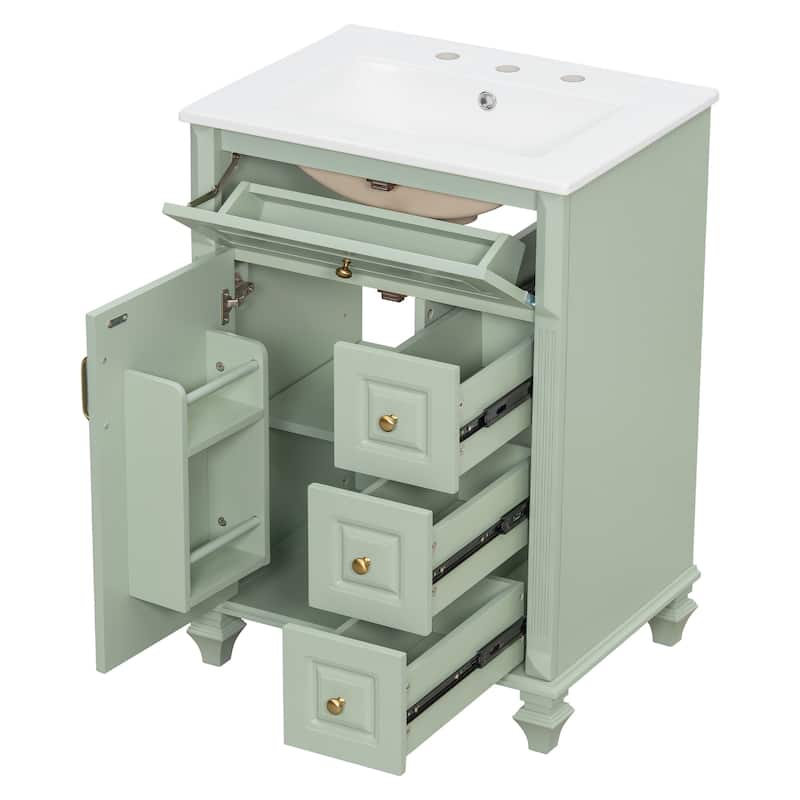 24" Freestanding Bathroom Vanity with Ceramic Sink, Flip-Out Drawer & 3-Drawer Cabinet, Solid Wood & MDF