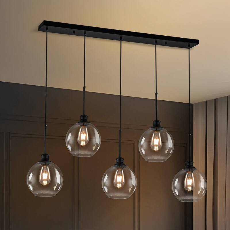 Starsky 3/5 Light Modern Linear Chandelier Cluster Kitchen Island Light with Glass Globe Shade - 5-Light - Clear Glass
