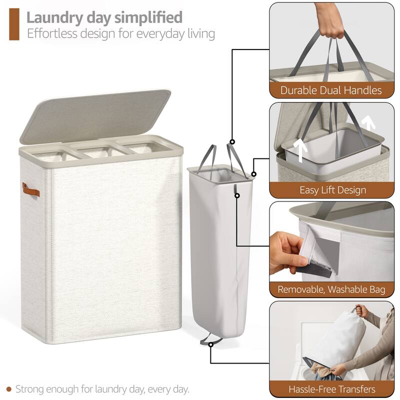 Sorbus 3-Compartment Laundry Basket with Removable Laundry Bag - Durable Organizer for Bathroom. - 25" W x 15.75" D x 29.5" H