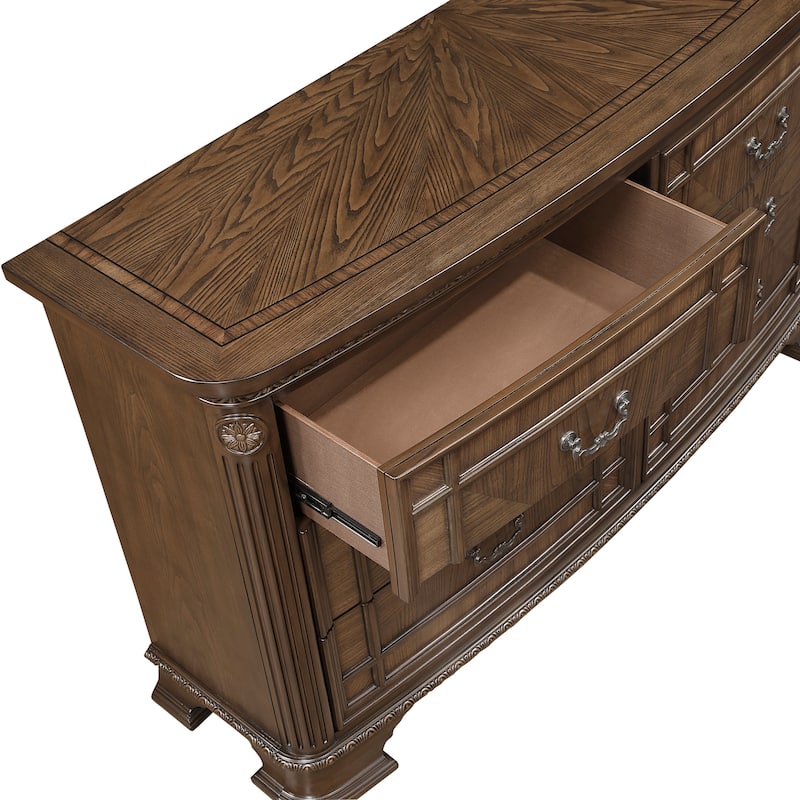 Traditional Furniture Bedroom Set Dark Brown Finish Bed Nightstand Dresser Mirror