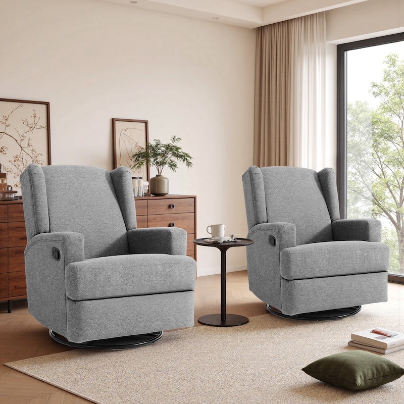 2 Set Upholstered Chenille/Boucle Swivel Glider Rocker Recliner - Light Grey/Chenille