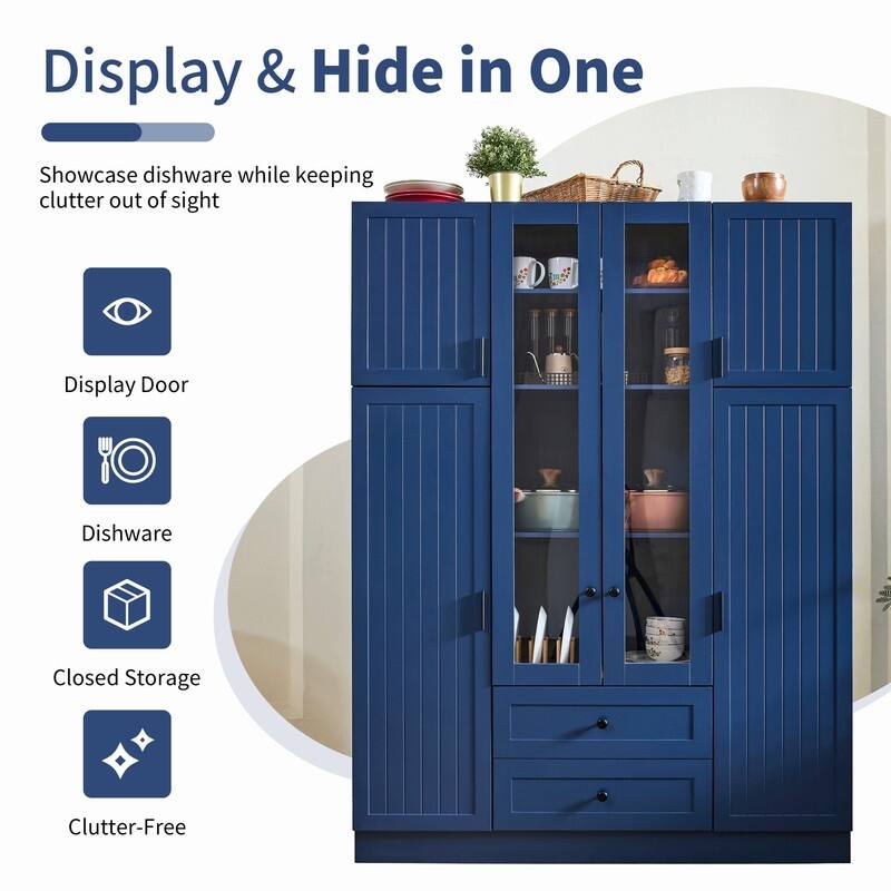 Modern 71" Tall Kitchen Pantry with Storage Cabinet, 6 Doors , Drawers, Adjustable Shelves,Pull-out Trays and Wine Rack