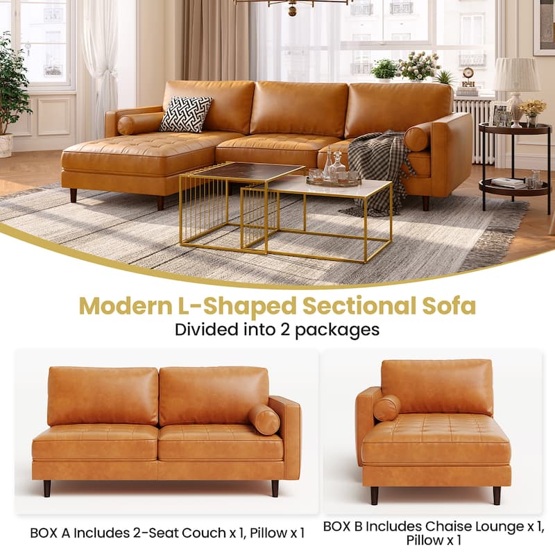 Costway 105'' Air Leather L-Shaped Sectional Sofa w/ Chaise Lounge & 2 - 105'' x 64.5'' x 33.5''