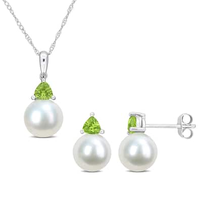 Miadora 8-8.5mm Cultured Freshwater Pearl 4/5ct TGW Peridot Jewelry Set 10k White Gold - 17 in