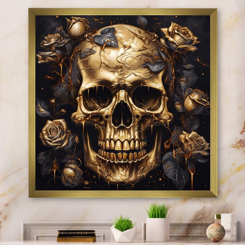 Designart "Gothic Skull Roses" Abstract Floral Framed Canvas Wall Art - 16 in. wide x 16 in. high - Gold