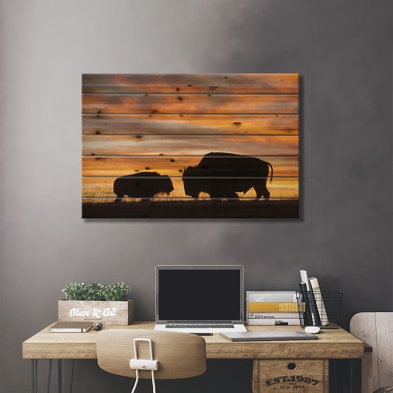 A Silhouette Of A Two Bison At Sunset Near Valentine, Nebraska Print On Wood by Joel Sartore - Multi-Color