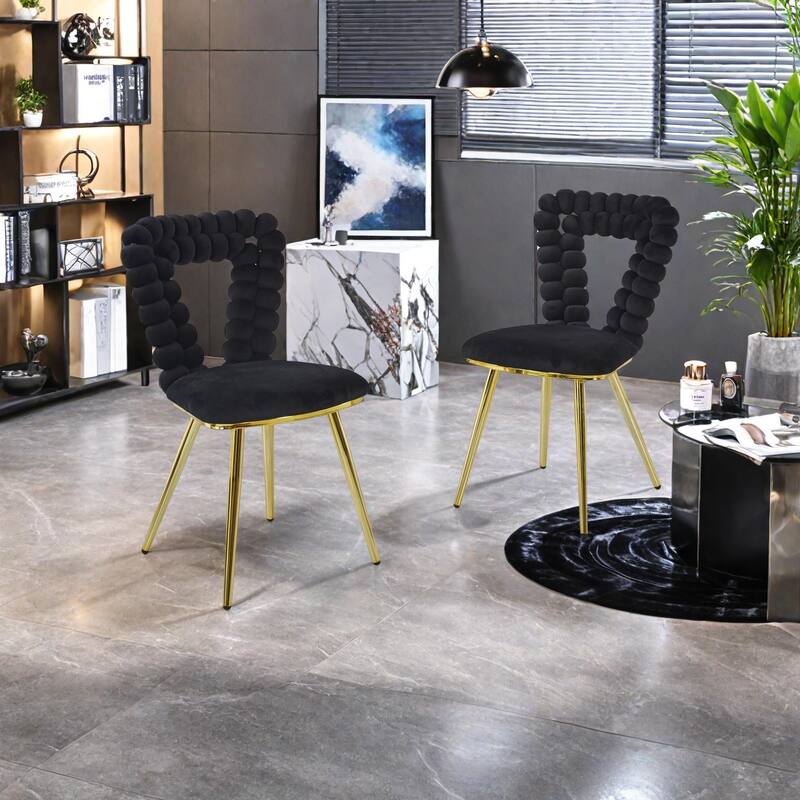Fabric Modern Chairs (Set of 2) with Iron Tube Legs, Soft Cushions, and Comfortable Backrest - Gold+Black