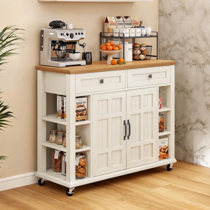 Rolling Kitchen Island Kitchen Cart Storage Cabinet with Open Shelves