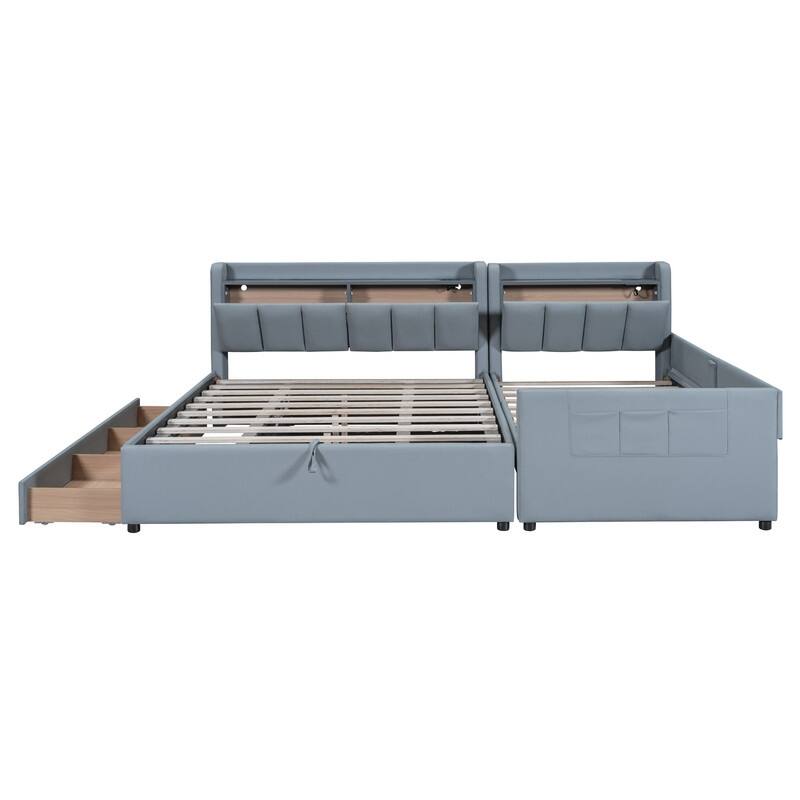Queen Size/Twin XL Size Upholstered Platform Bed Frame with Hydraulic Storage System, Drawer,Shelves and UPS Ports