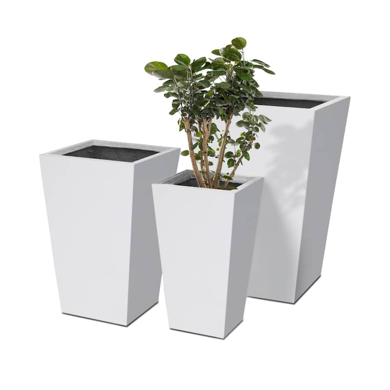 Kante 24", 18", 15.7" Tall Tapered Pure White Concrete Metal Planters (Set of 3), w/ Drainage Hole, Modern Style for Home/Garden - Pure White