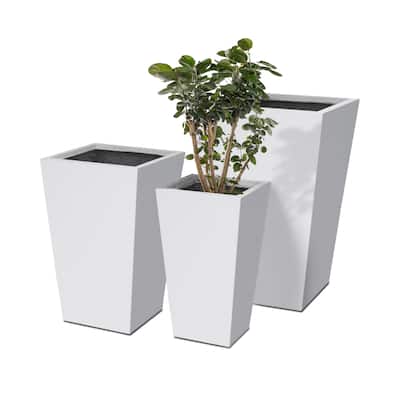 Kante 24", 18", 15.7" Tall Tapered Pure White Concrete Metal Planters (Set of 3), w/ Drainage Hole, Modern Style for Home/Garden