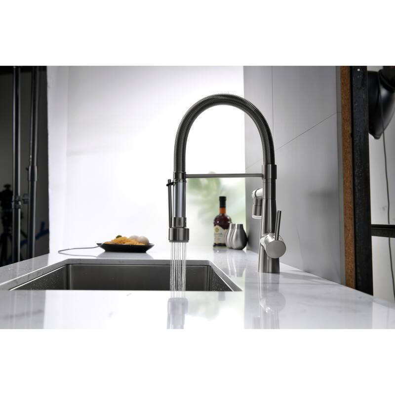 Brushed Nickel Modern Kitchen Faucet Pull Down with LED Light