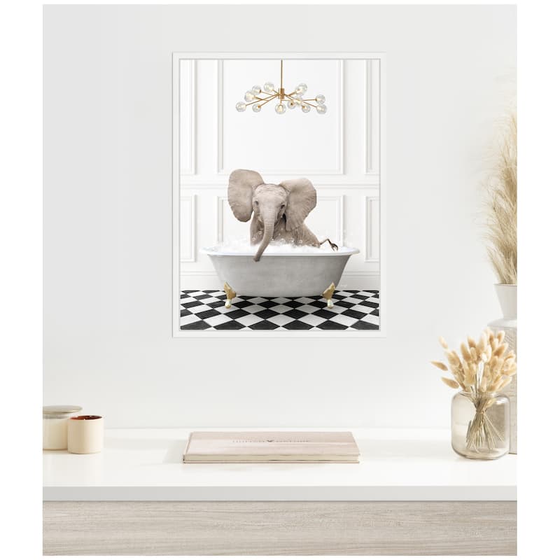 Kate and Laurel Sylvie Elephant in Gray Bathtub on Checker Floor Framed Canvas by Amy Peterson