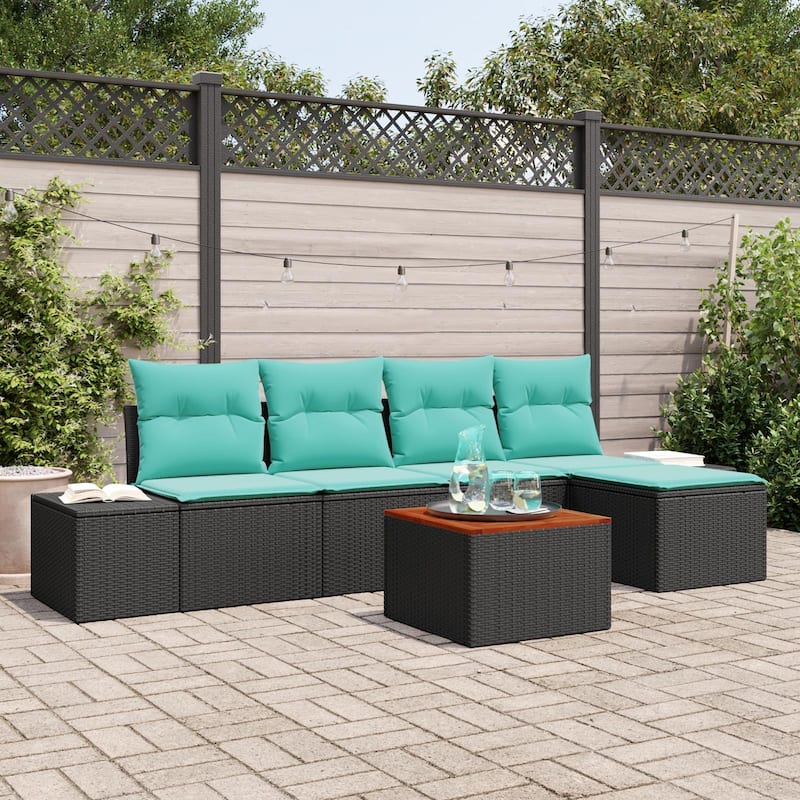 vidaXL 6 Garden Sofa Set with Cushions Black/Grey Poly Rattan - 115.7 x 24.4 x 27.2 - Black