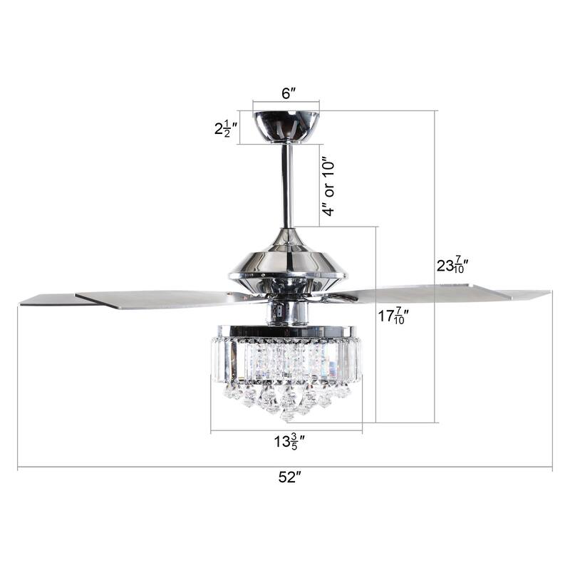 52" Chrome Downrod Mount Crystal Chandelier Ceiling Fan with Light and Remote Control - 52 in. W X 52 in. D X 20.5 in. H