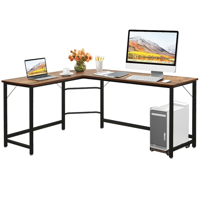 Costway L-Shaped Computer Desk Corner Workstation Study Gaming Table - Brown